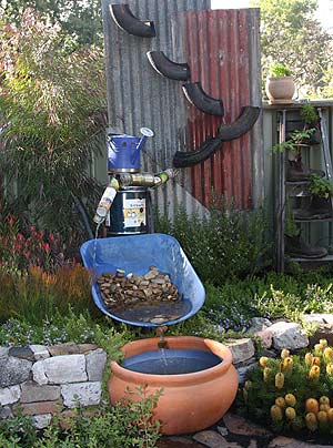 Garden waterfall from recycled materials